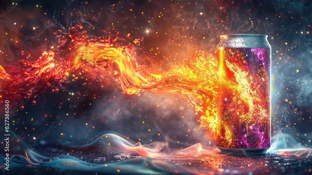 Abstract digital art of a colorful energy drink can blending into a vibrant, cosmic, fiery background with swirling light. Futuristic concept.