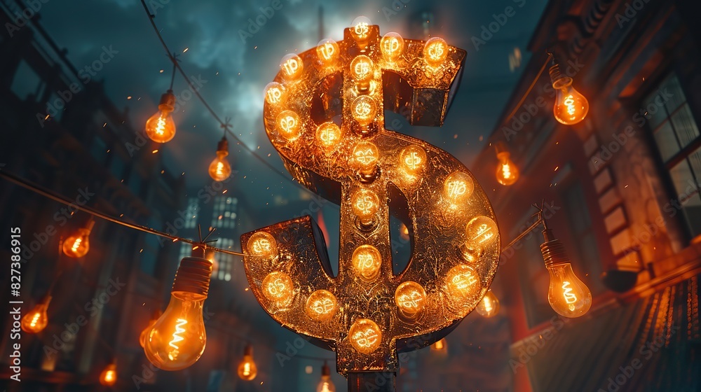 A conceptual depiction of a dollar sign made of light bulbs.
