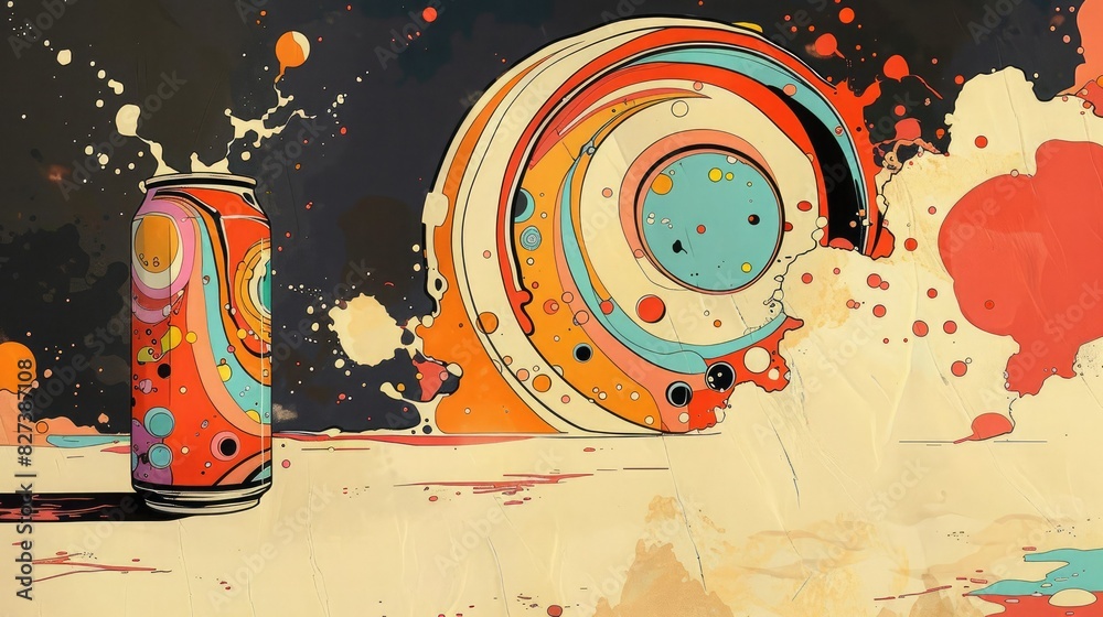 Fototapeta premium Colorful abstract artwork featuring a vibrant, painted can and swirling patterns on a dark, splattered background.