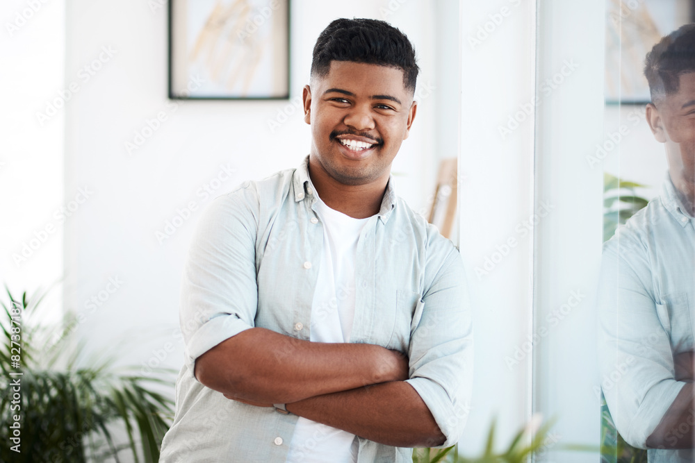 Office, portrait and business man with arms crossed for profession, career and company goals. Workplace, mirror reflection and male graphic designer with pride, professional or ready for startup job Office, portrait and business man with arms crossed for profession, career and company goals. Workplace, mirror reflection and male graphic designer with pride, professional or ready for startup job