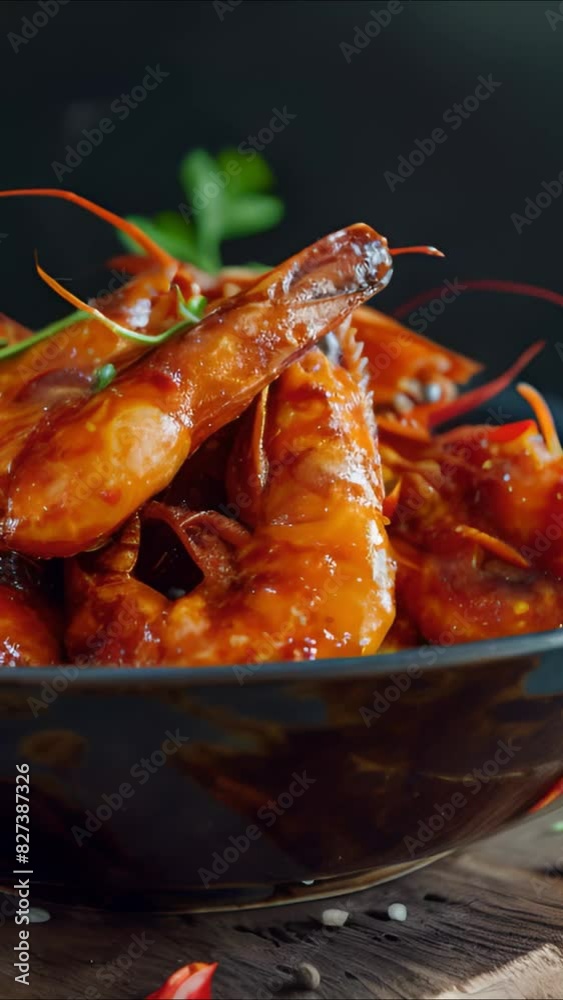 Fried shrimp with hot sauce in a bowl on a dark wooden table,Sambal shrimp Fried shrimp with hot sauce in a bowl on a dark wooden table,Sambal shrimp