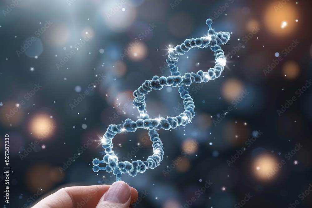 Close up of a hand holding a blue DNA helix in a particle filled background, showcasing the intricacy and precision of genetic science Close up of a hand holding a blue DNA helix in a particle filled background, showcasing the intricacy and precision of genetic science