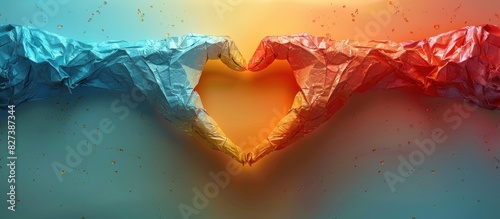 Abstract mash line and point Love shape hands origami on background with an inscription
