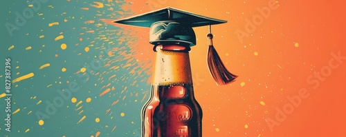 Creative illustration of a beer bottle wearing a graduation cap against a colorful background. Perfect for education and celebration themes.