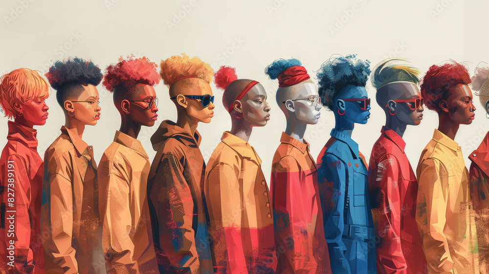 Naklejka premium A vibrant portrait showcasing a lineup of albino individuals with dynamic poses and vividly colored hair, highlighting diversity and expression