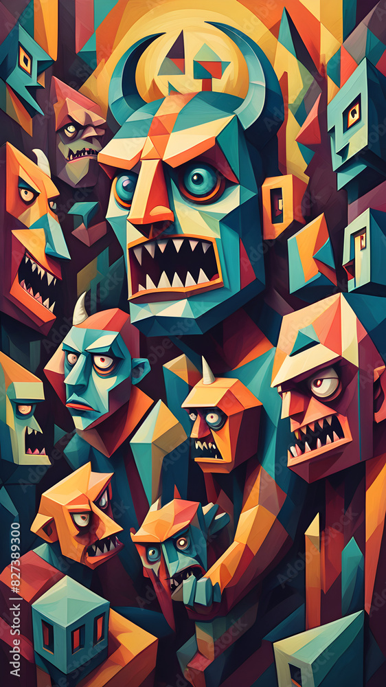 masks on a wall.Abstract pictures of ghosts, demons, scary monsters.