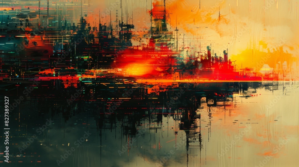 Obraz premium An abstract image featuring glitch art, with colorful digital artifacts disrupting a simple background. The photograph captures the chaotic beauty of digital errors, creating a visually striking