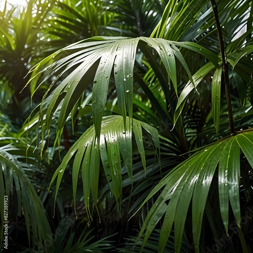 Tropical background green coconut palm leaf. Closeup nature view of palm leaves background textures after rain  relaxing natural sunlight. Exotic nature pattern  botany jungle Generative AI 