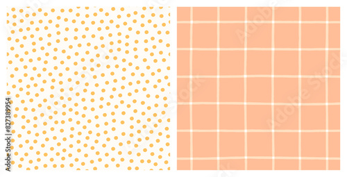Mustard yellow polka dot, pink grid check seamless vector patterns. Hand-drawn vintage pastel repeat print backgrounds.