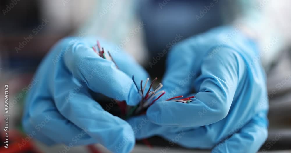 Electrical engineer in gloves sorts out multi-colored electrical wires. Electrical wiring concept