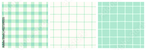 Mint green patchwork quilt gingham check and grid seamless vector pattern. Pastel green on white vichy check plaid print