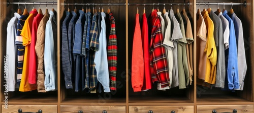 Diverse clothes on hangers in wardrobe for efficient storage and organization solution