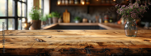 Empty wooden table with blurred background of kitchen interior, mockup for product display presentation and design in restaurant or home , closeup shooting