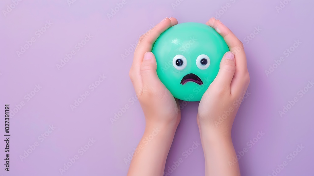 Hands holding a shocked emoji on a pastel purple background with ample space for text The emoji is bright green with wide eyes and an open mouth Hands holding a shocked emoji on a pastel purple background with ample space for text The emoji is bright green with wide eyes and an open mouth