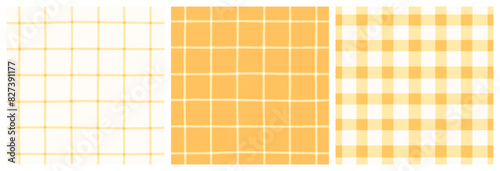 Yellow patchwork quilt gingham check and grid seamless vector pattern. Pastel orange on white vichy check plaid print.