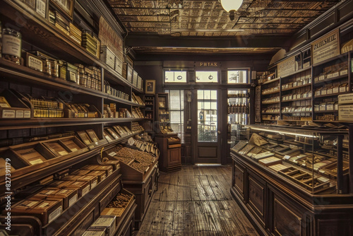A vintage-themed image of an old tobacco shop  with rows of different tobacco blends  evoking nostalgia.