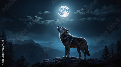 Lone WOLF howling to the Moon during a scary dark night moonlit, mysterious chilling thrilling night ambient, horror scenery © Uniquely Imaginative