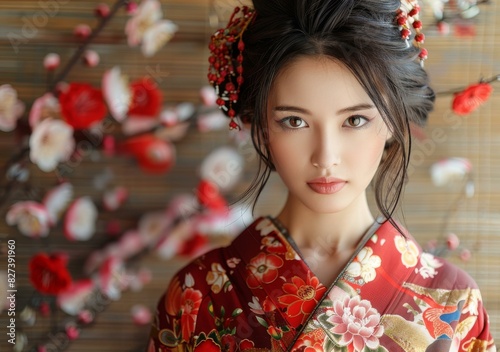 Portrait of a beautiful Asian woman in traditional Japanese kimono
