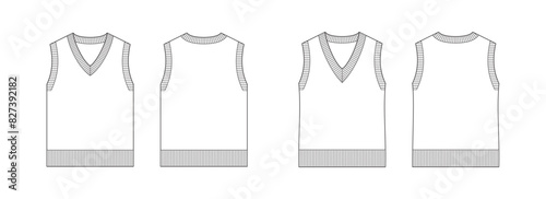 Vector fashion technical drawing of a sleeveless jumper set for men and women with front and back view. V-neck. Rib details at neck, arm, and bottom opening area. Knit fabric.