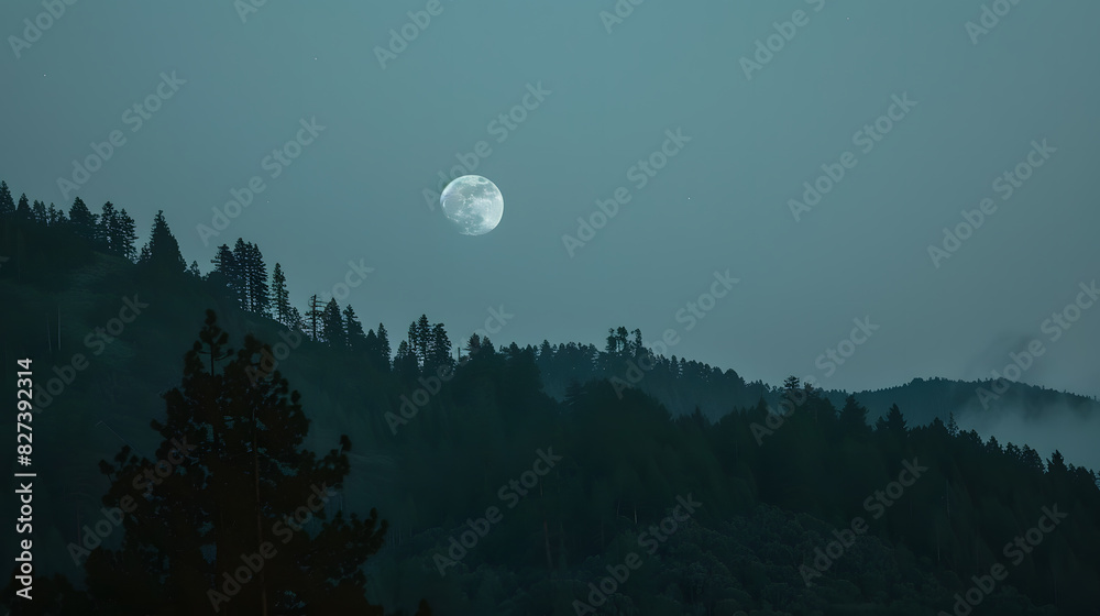 A large moon is shining in the sky above a forest A large moon is shining in the sky above a forest