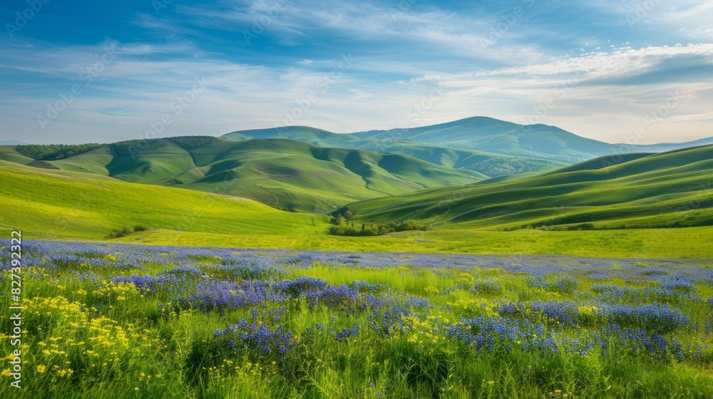 Panoramic Landscape of Green Hills with Blossoming Flowers Panoramic Landscape of Green Hills with Blossoming Flowers