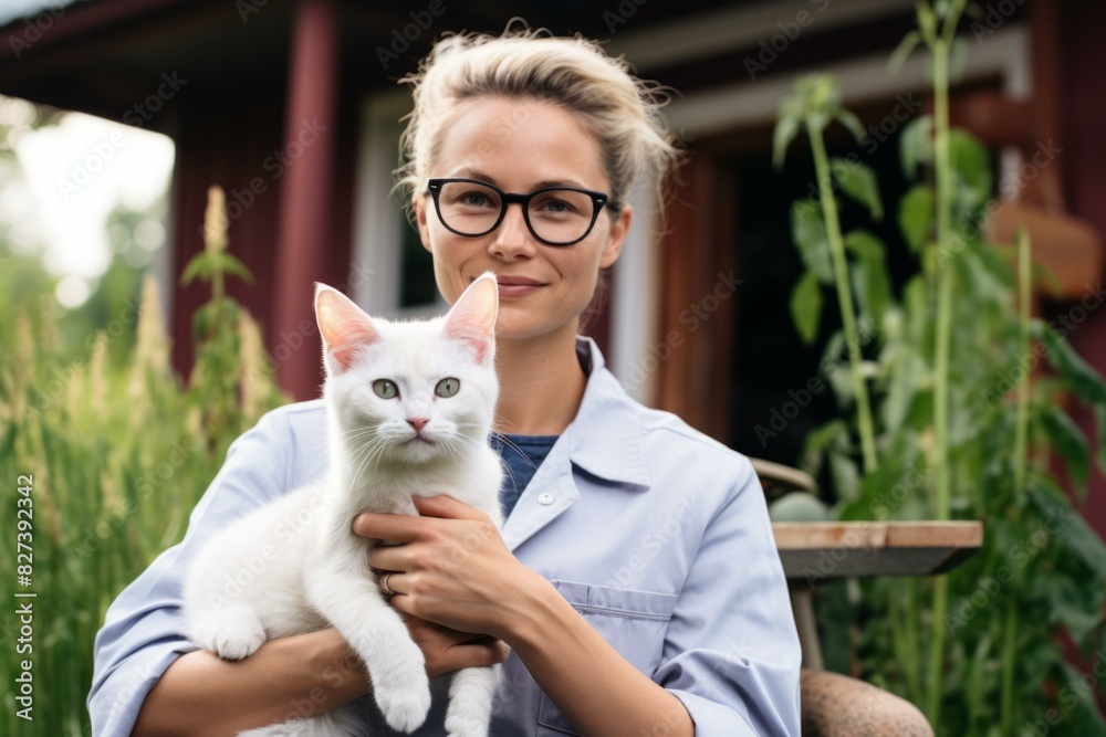 Obraz premium A blonde woman in glasses holding a white cat
