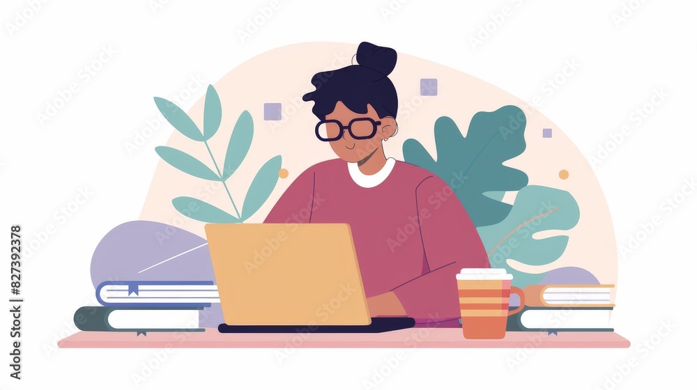 A flat design copywriter character in 2D flat style, wearing glasses and typing on a laptop. The background includes elements like a notebook, coffee cup, and a stack of books. The design is A flat design copywriter character in 2D flat style, wearing glasses and typing on a laptop. The background includes elements like a notebook, coffee cup, and a stack of books. The design is