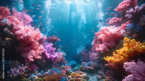 an underwater scene with corals and fish glowing in soft liquid hues