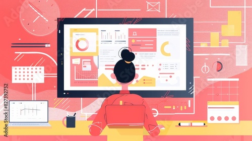 A flat design campaign manager character in 2D flat style, overseeing a marketing campaign on a large screen. The background includes elements like campaign timelines, progress charts, and team photo