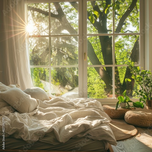 Sunlit View of Trees and Garden Outside in a Serene Bedroom Retreat