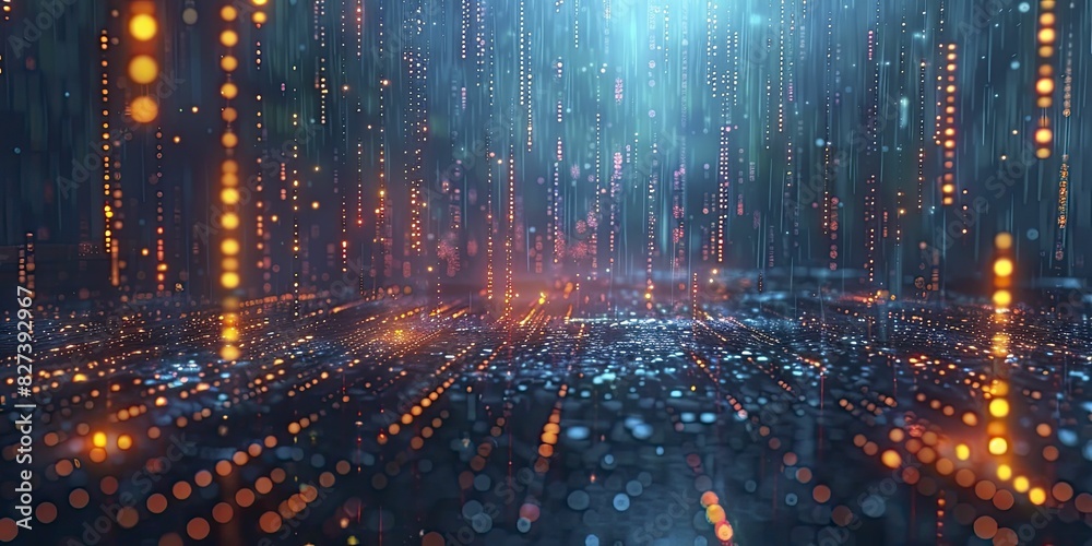 Obraz premium Economic downturn visualized through digital rain of falling stocks, wide view with matrix-like falling numbers and dark background, minimal style