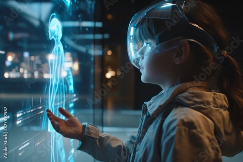 A child interacting with a holographic teacher, A child in a lab coat focused on a screen, engaged in scientific exploration., AI generated