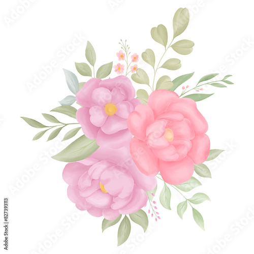bouquet of pink and purple flowers with green leaves