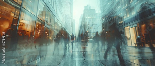 Ghostly figures blur past in the hustle of a glass cityscape, wide-angle view of blurred figures in a modern city photo