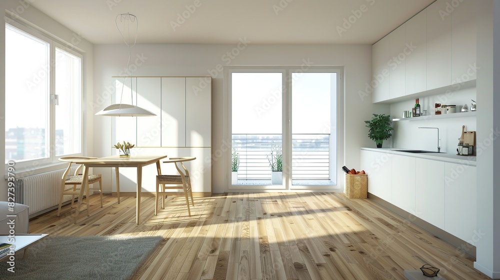 Corner view on bright studio room interior with dining table. Generative Ai Corner view on bright studio room interior with dining table. Generative Ai