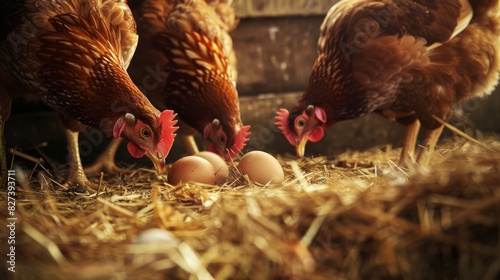 Brown Chickens and Eggs in Straw photo