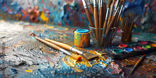 Glass jars with many different paintbrushes, closeup Paints and brushes, lying on painted background.