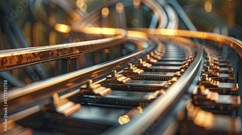 Unpredictable economic pathways depicted by a rollercoaster of coins, dynamic angle with moving coins and rails, minimal style photo