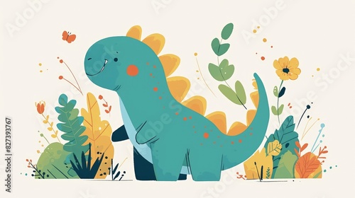 An adorable and amusing cartoon illustration of a brightly colored prehistoric dinosaur designed to bring joy and laughter to children stands alone in its charming simplicity