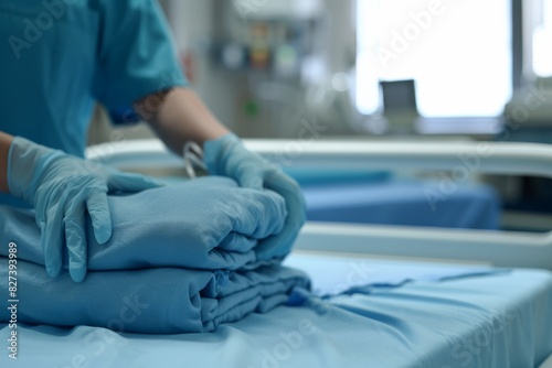 An image showcasing a health worker's hands adjusting surgical linens on a hospital bed, highlighting cleanliness © ChaoticMind