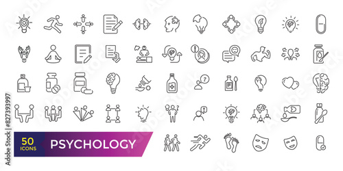 Psychology icons collection. Set of mental, session, help, psychoanalysis, emotions icons. UI icon set. Thin outline icons pack.
