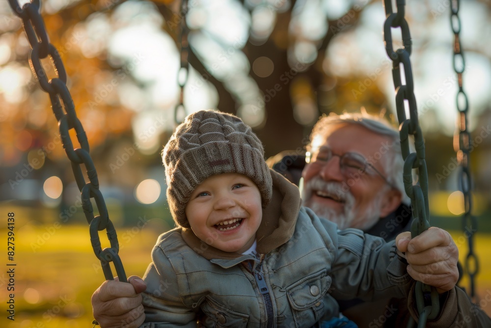 A senior man with a grey beard beams with joy as he pushes a toddler boy on a swing in a park A senior man with a grey beard beams with joy as he pushes a toddler boy on a swing in a park