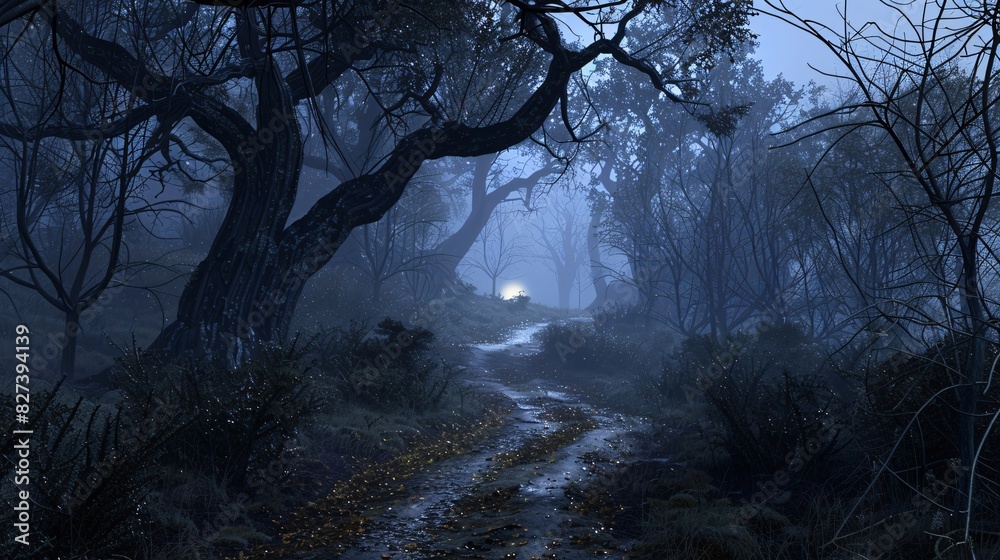 Dark and Mysterious Forest at Night with a Light Path