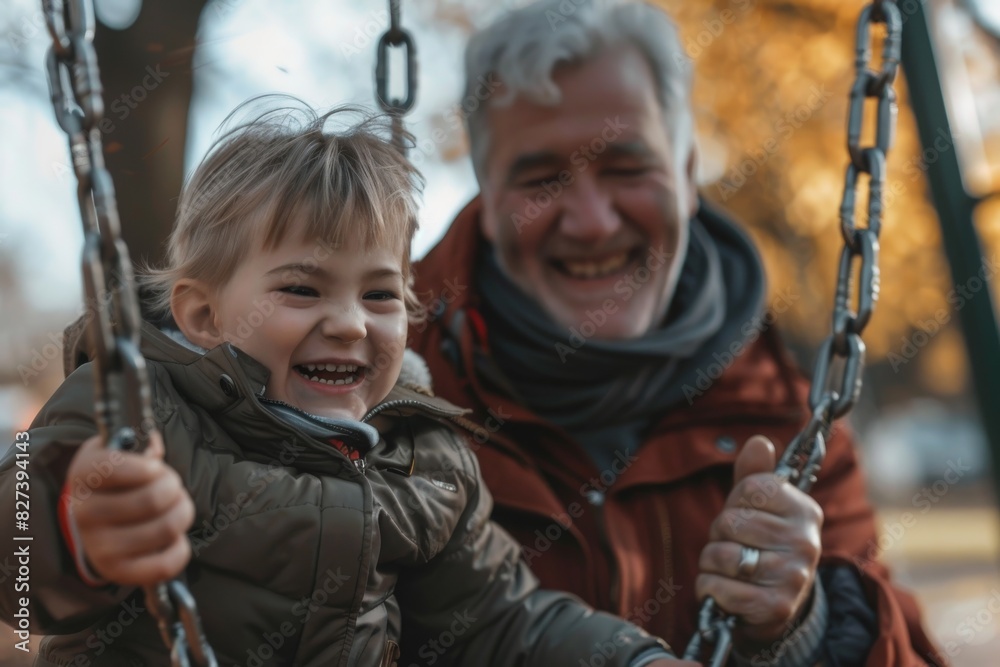 A man with grey hair shares a joyful moment swinging with a laughing child on a bright day