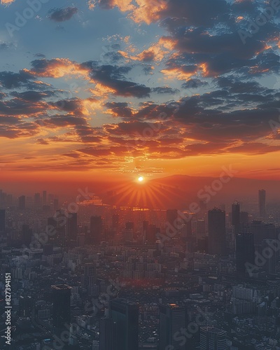 New dawn rises, bringing hope to the world of finance, wide shot of sunrise over cityscape, illuminating the skyline.
