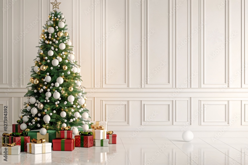 Holiday Celebration: Christmas Tree and Presents in a Festive Room Holiday Celebration: Christmas Tree and Presents in a Festive Room