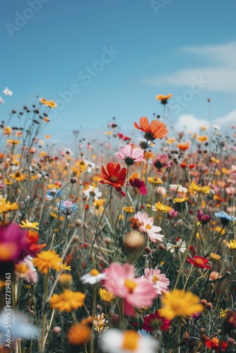 Prosperity blooms in the fertile fields of finance  capturing a wide shot of vibrant flowers in full bloom.