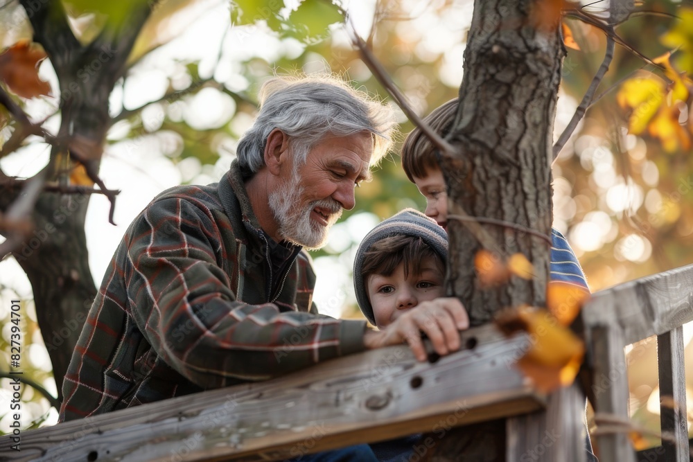 An image showing a senior and a youngster on a treehouse, with the face of the elderly blurred out