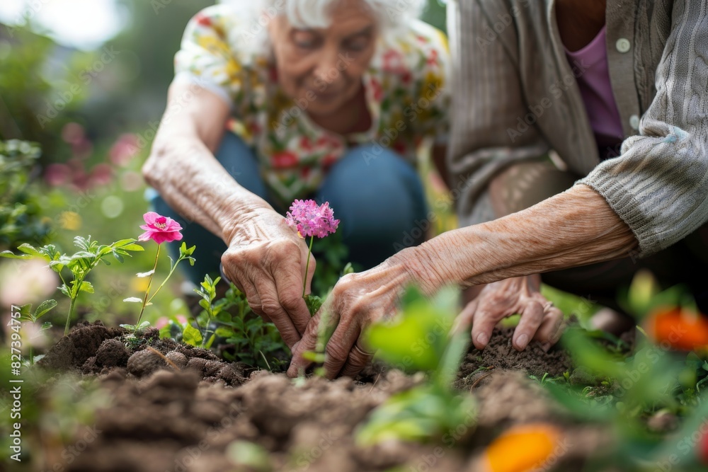 Fototapeta premium Couple of seniors planting colorful flowers in a garden, focusing intently on their task with hands in the soil