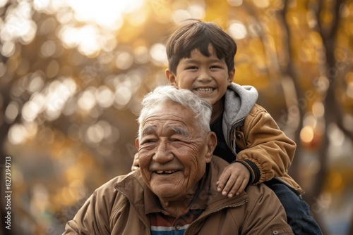Old man and grandchild enjoy precious moments together outdoors with autumn backdrop